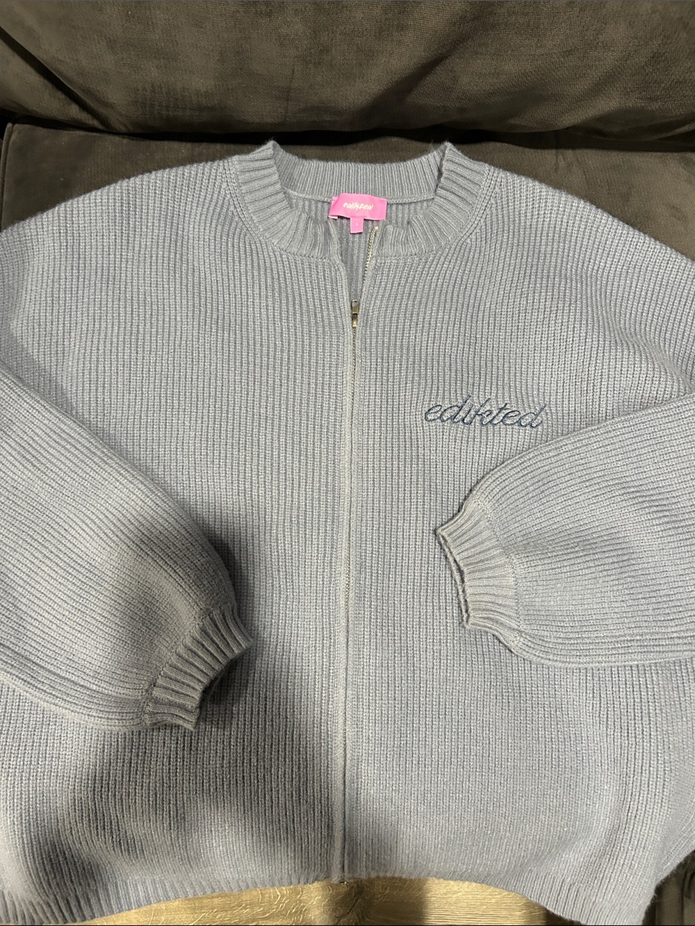 Like New edikted Light Gray Zip-Front Ribbed Knit Sweater S